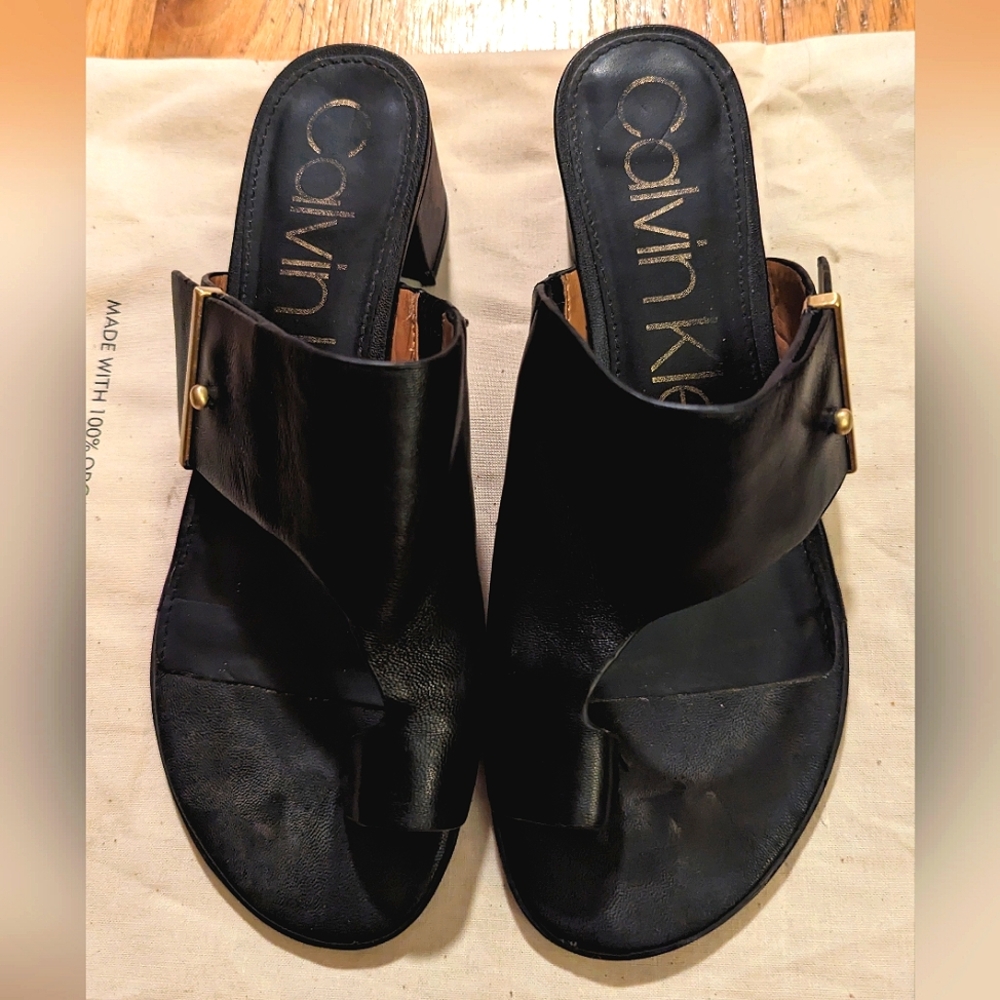 Calvin Klein Black Leather Slide Sandals with Gold Buckle